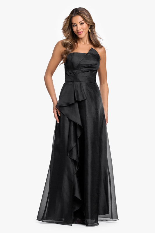 XSCAPE "Delaney" Metallic Organza Strapless Asymmetrical Dress