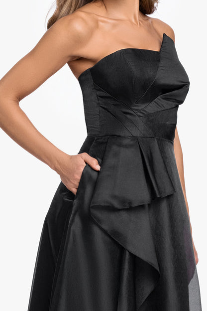 XSCAPE "Delaney" Metallic Organza Strapless Asymmetrical Dress