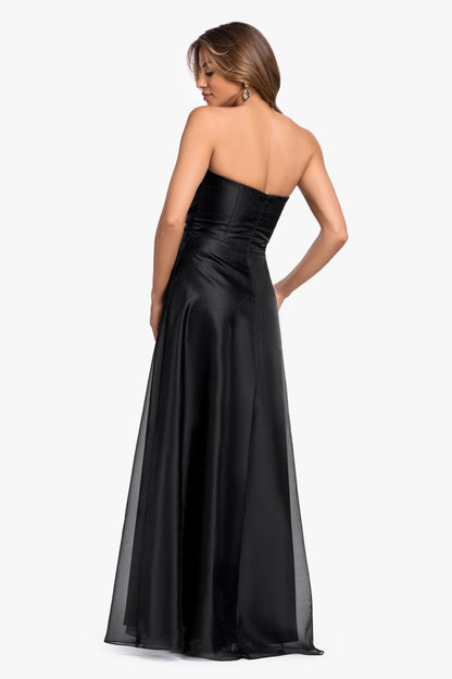 XSCAPE "Delaney" Metallic Organza Strapless Asymmetrical Dress