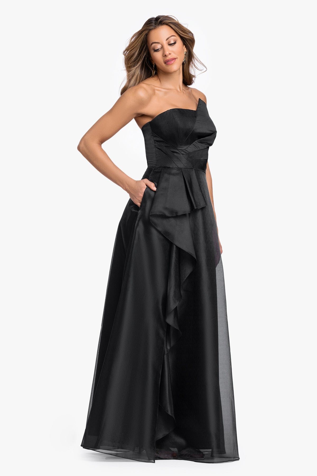 XSCAPE "Delaney" Metallic Organza Strapless Asymmetrical Dress