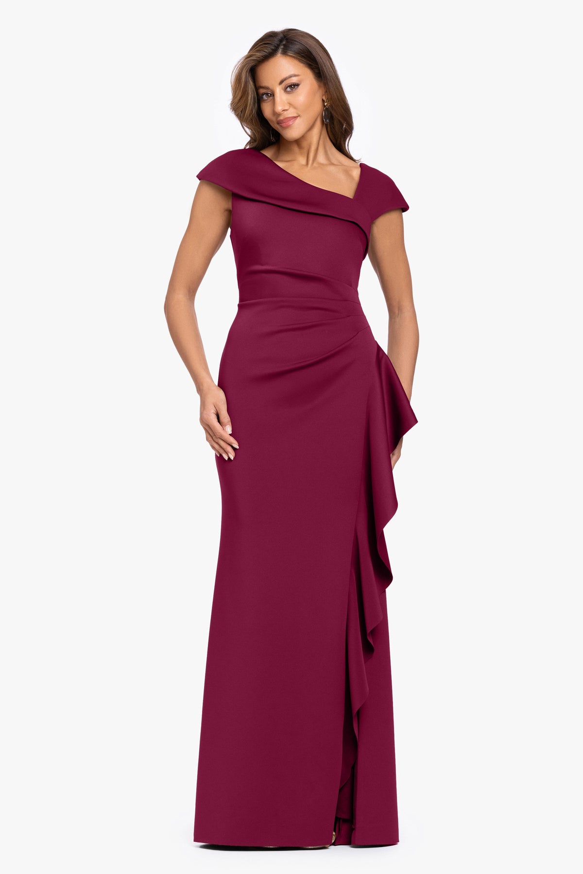 XSCAPE "Rory" Petite Techno Scuba Asymmetrical Side Ruffle Dress