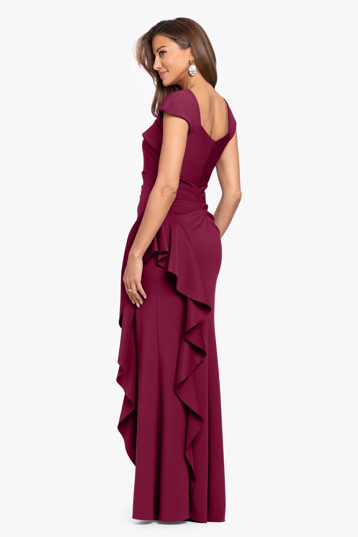 XSCAPE "Rory" Petite Techno Scuba Asymmetrical Side Ruffle Dress