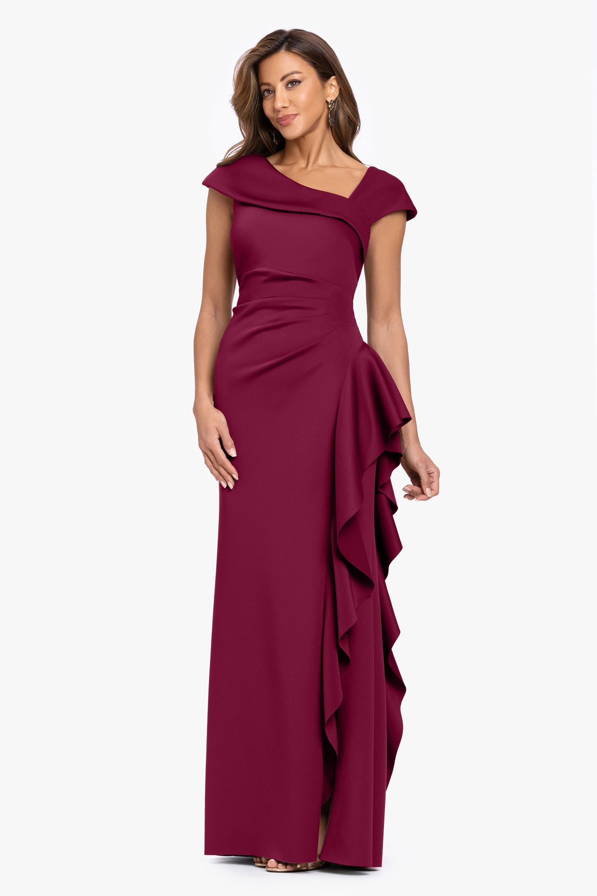XSCAPE "Rory" Petite Techno Scuba Asymmetrical Side Ruffle Dress