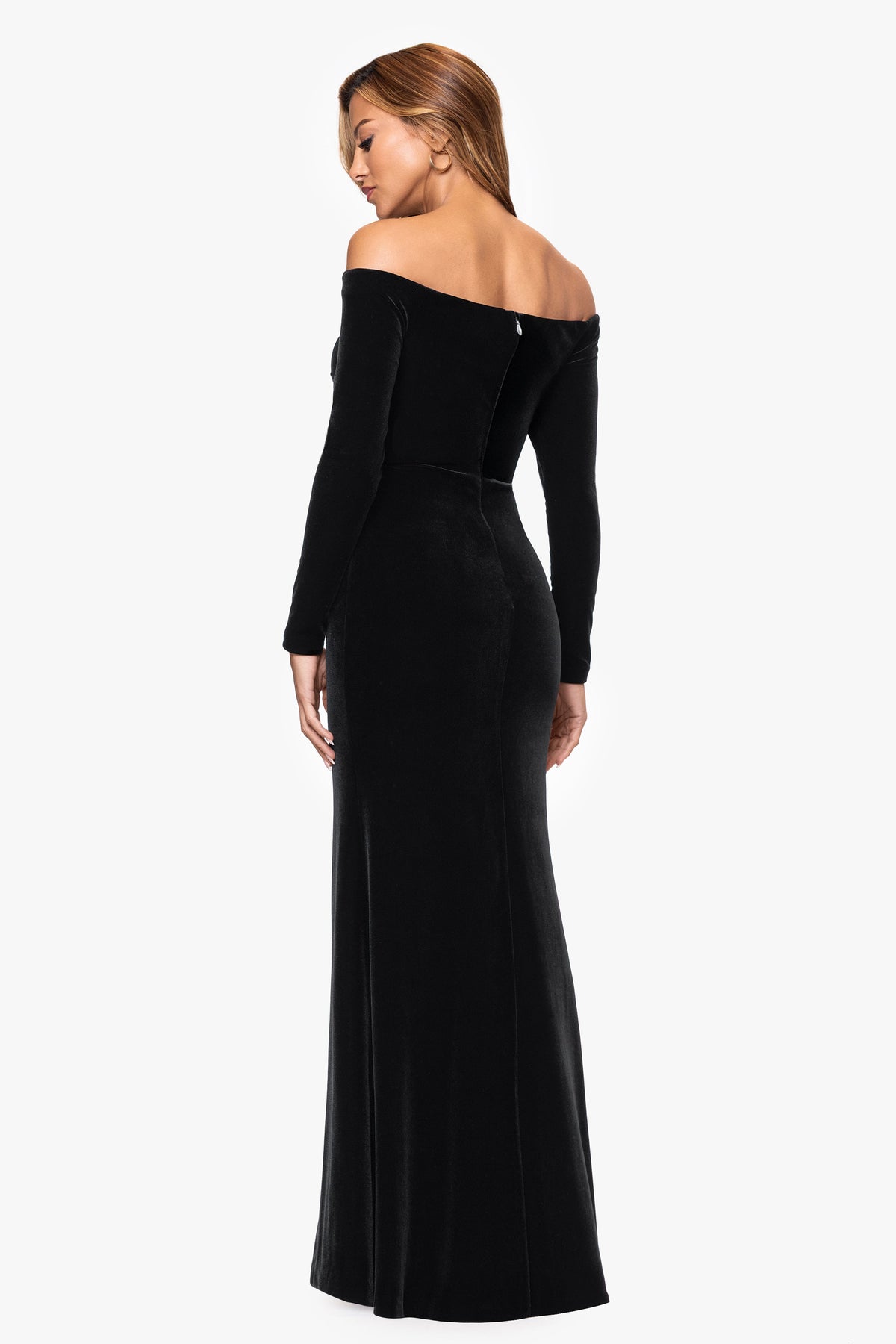 XSCAPE "Danni" Velvet Off The Shoulder Long Sleeve Dress