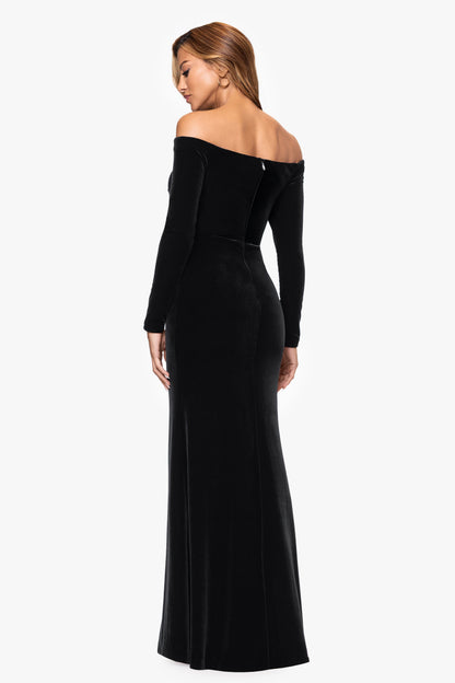 XSCAPE "Danni" Velvet Off The Shoulder Long Sleeve Dress