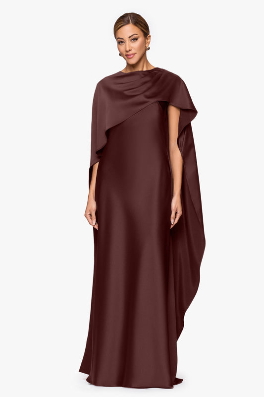 XSCAPE "Tallulah" Satin Overlay Cape Dress