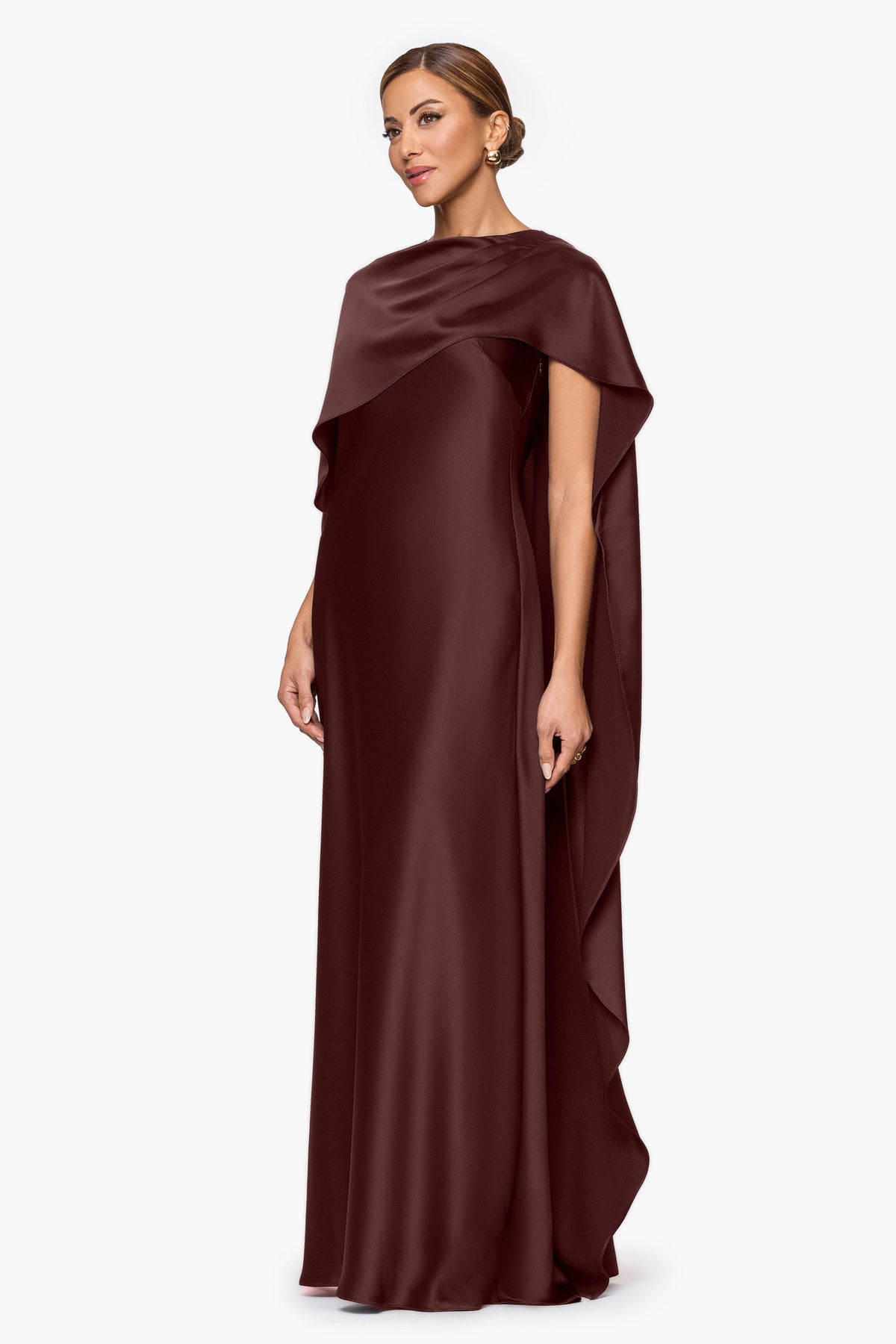 XSCAPE "Tallulah" Satin Overlay Cape Dress