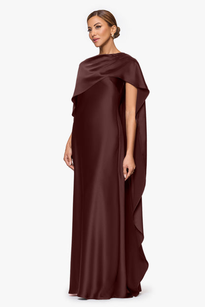 XSCAPE "Tallulah" Satin Overlay Cape Dress