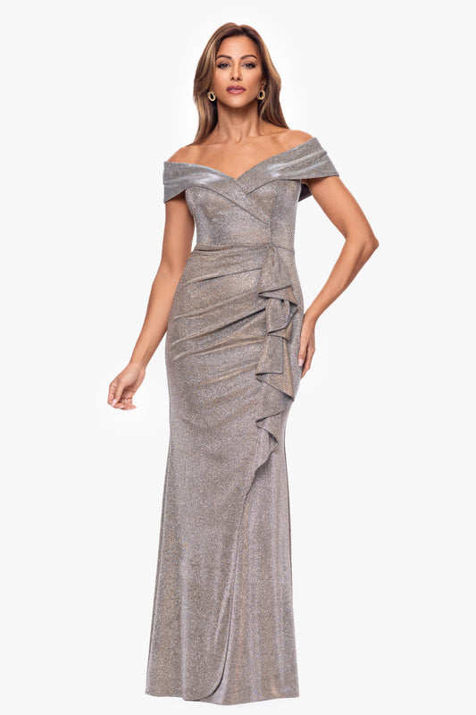 XSCAPE "Raveena" Foil Knit Ruffle Dress