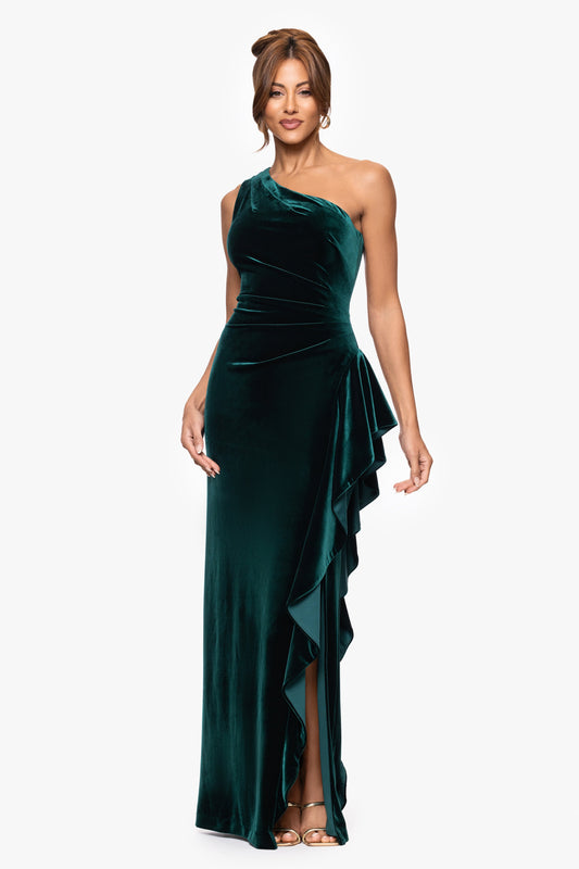 XSCAPE "Gemma" Stretch Velvet One Shoulder Ruffle Dress