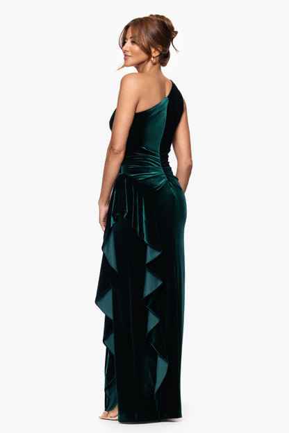 XSCAPE "Gemma" Stretch Velvet One Shoulder Ruffle Dress