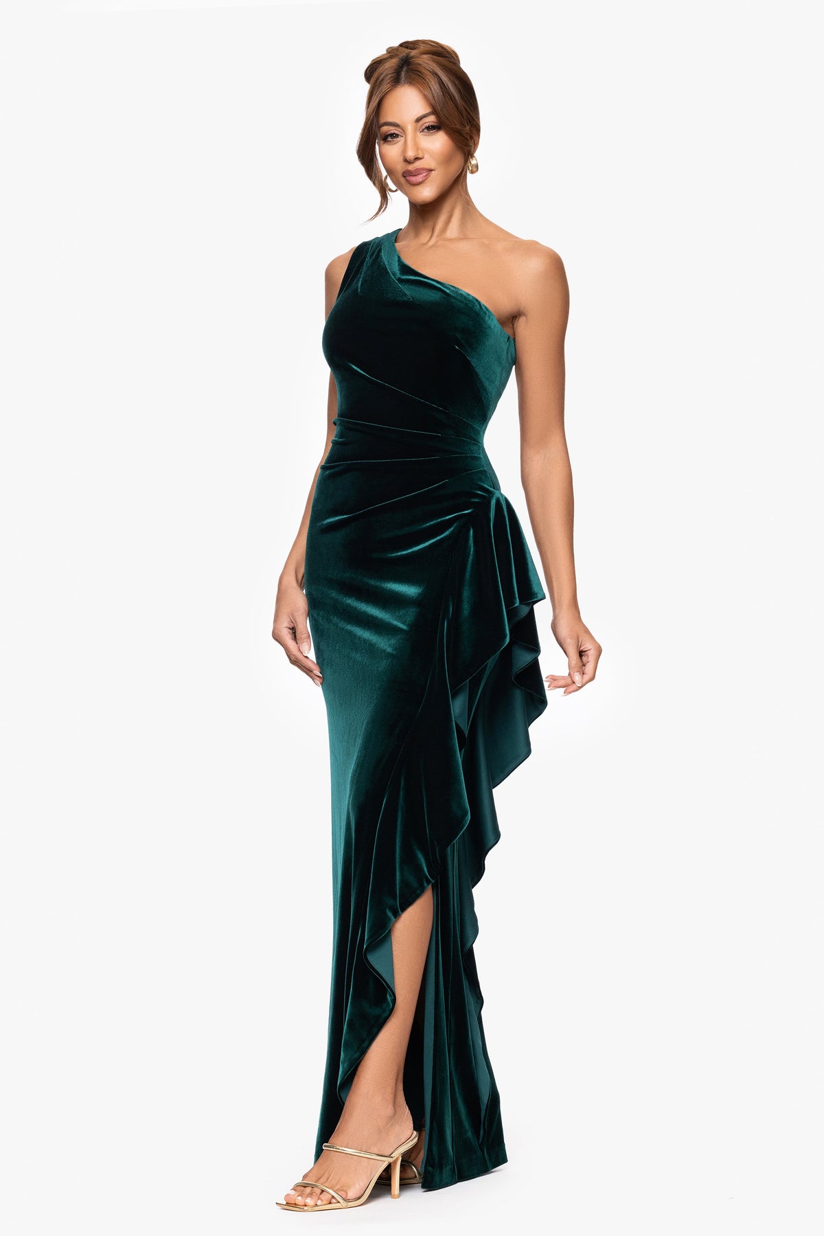 XSCAPE "Gemma" Stretch Velvet One Shoulder Ruffle Dress