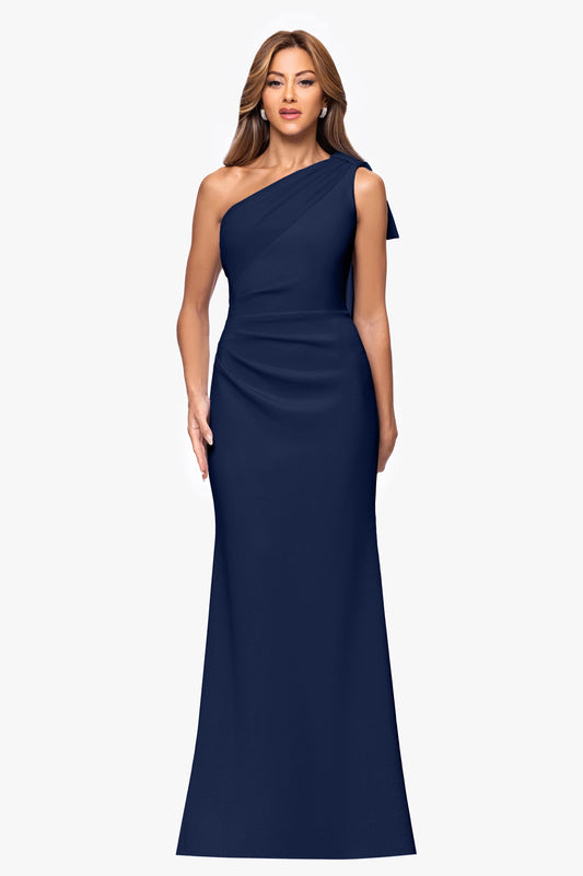 XSCAPE Petite "Gwen" Techno Scuba One Shoulder Sash Dress