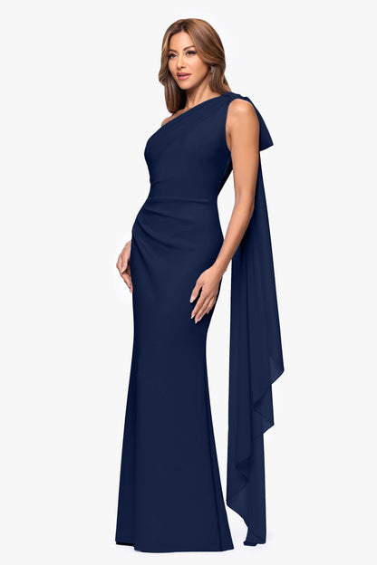 XSCAPE Petite "Gwen" Techno Scuba One Shoulder Sash Dress