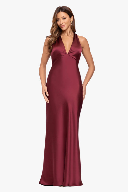 XSCAPE "Jade" Satin Tie Neck Ruched Dress