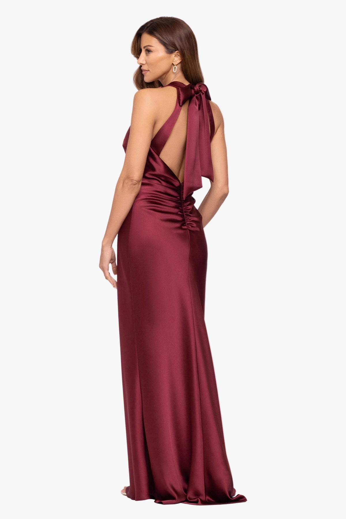 XSCAPE "Jade" Satin Tie Neck Ruched Dress