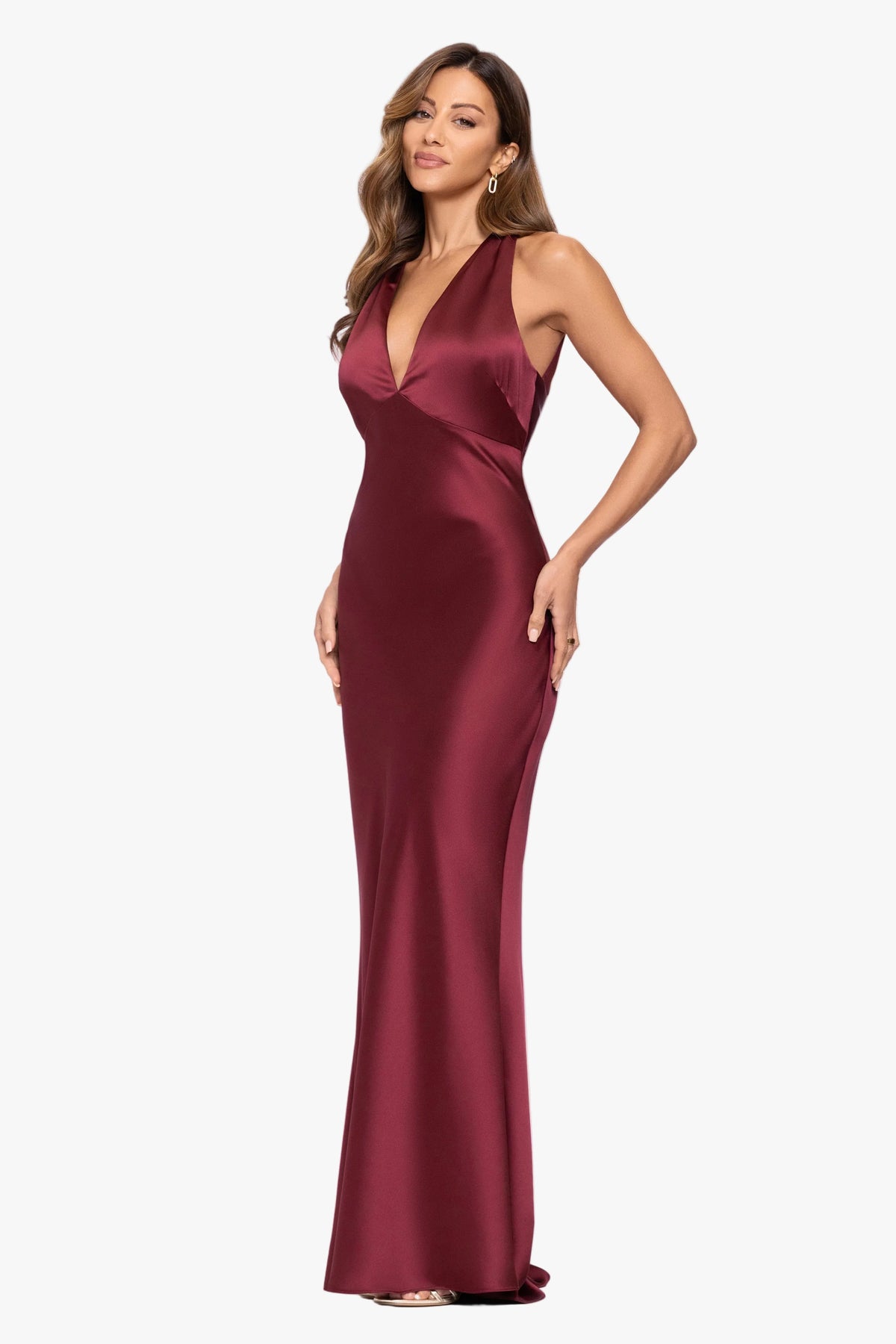 XSCAPE "Jade" Satin Tie Neck Ruched Dress