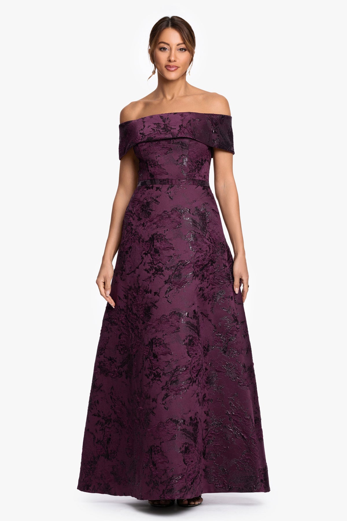 XSCAPE Petite "Emily" Printed Brocade Off The Shoulder Gown