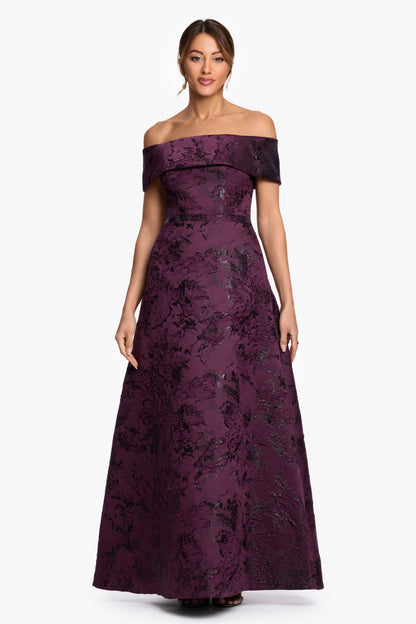 XSCAPE Petite "Emily" Printed Brocade Off The Shoulder Gown