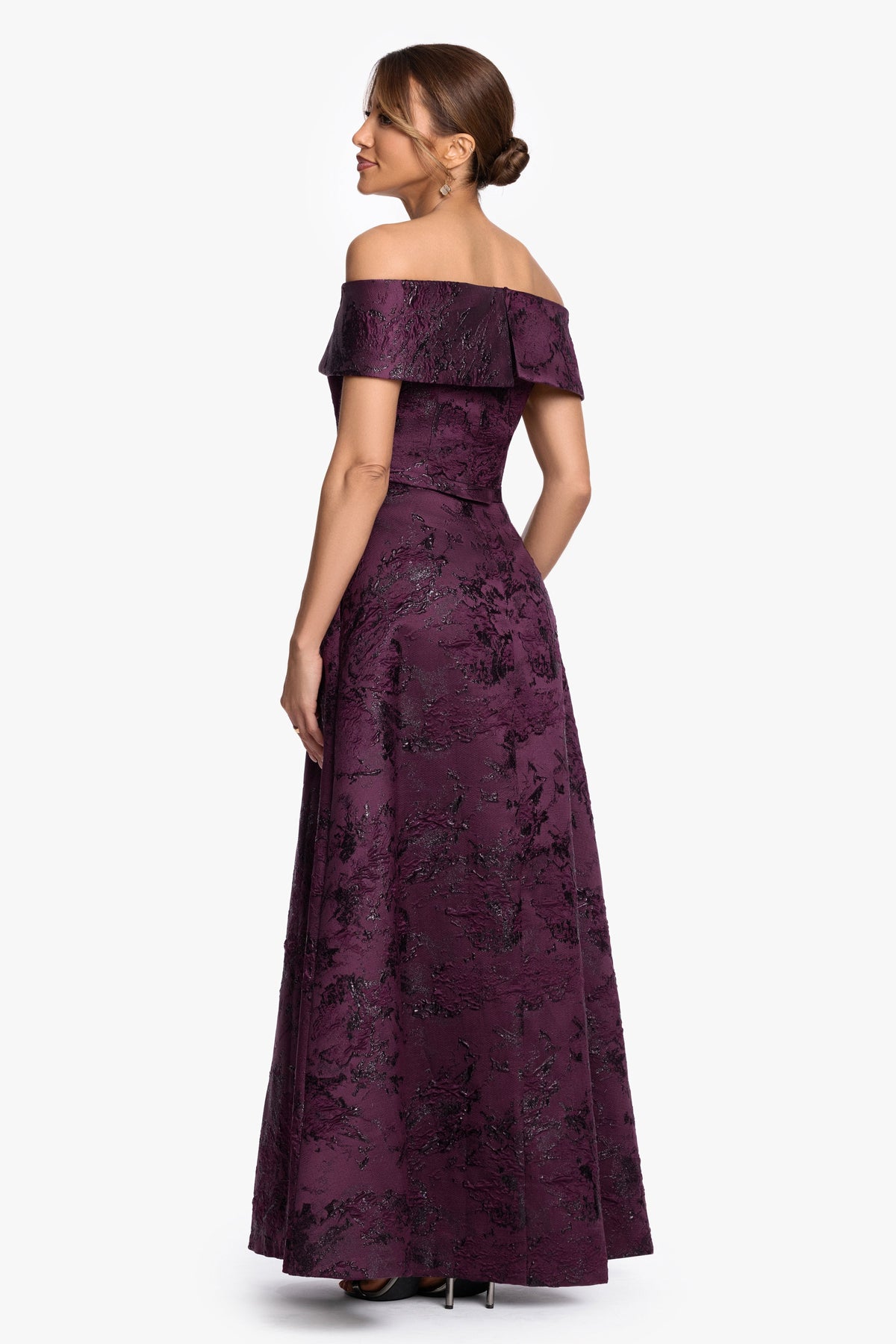 XSCAPE Petite "Emily" Printed Brocade Off The Shoulder Gown