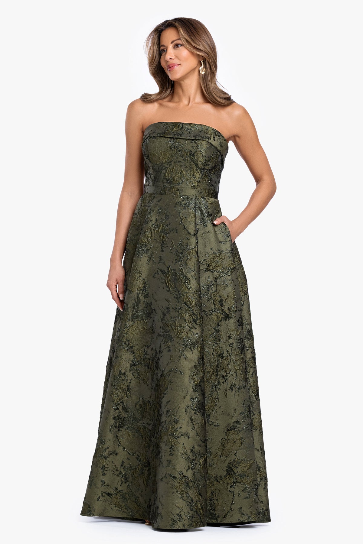 XSCAPE "Nadine" Brocade Strapless Gown