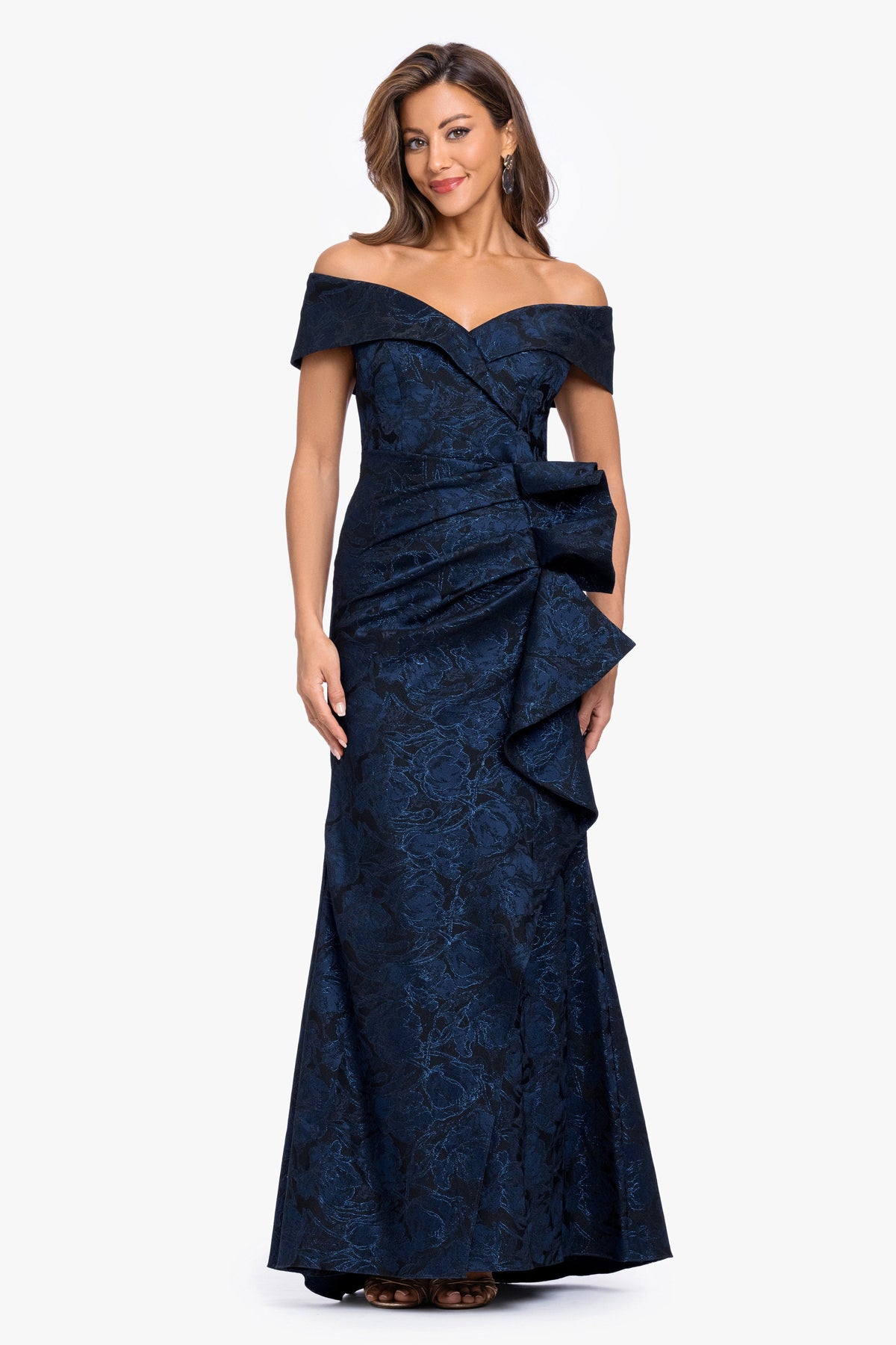 XSCAPE "Bonnie" Brocade Off The Shoulder Side Ruffle