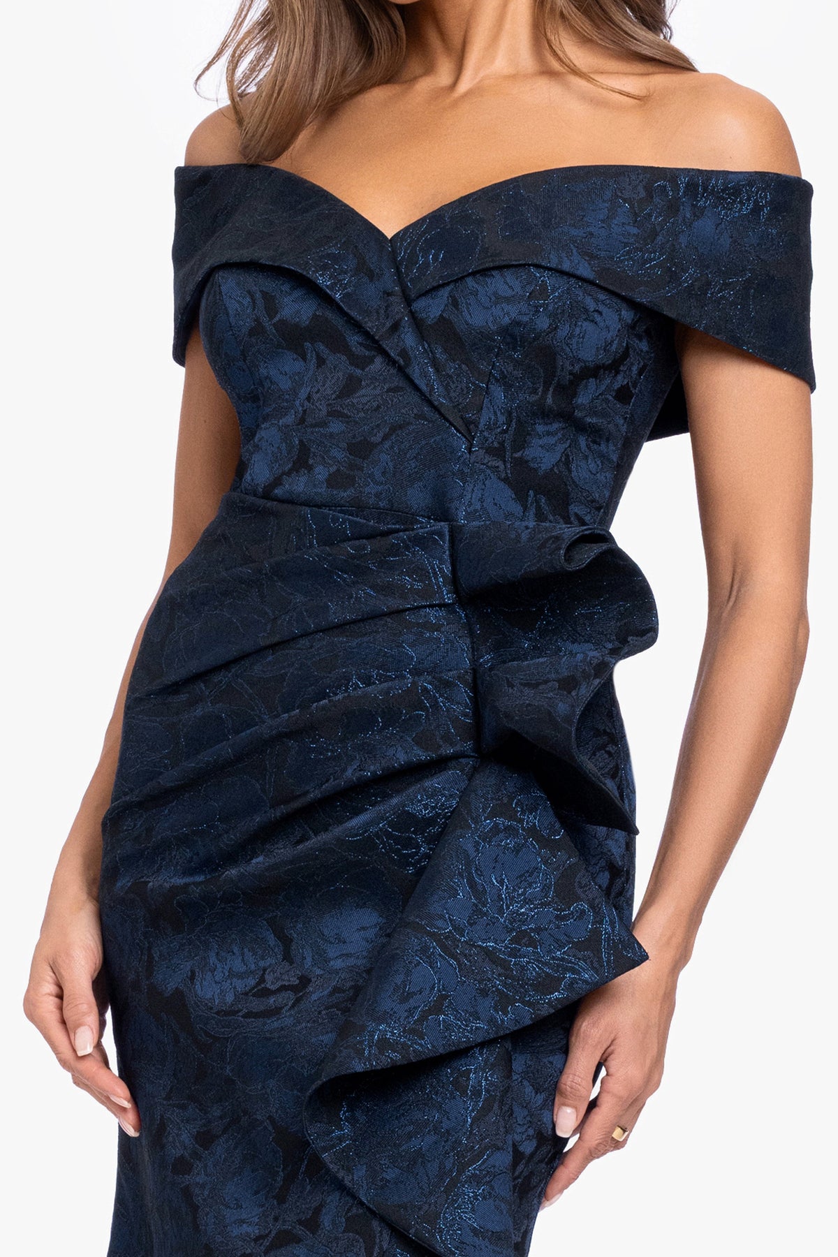 XSCAPE "Bonnie" Brocade Off The Shoulder Side Ruffle