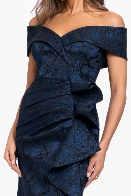 XSCAPE "Bonnie" Brocade Off The Shoulder Side Ruffle