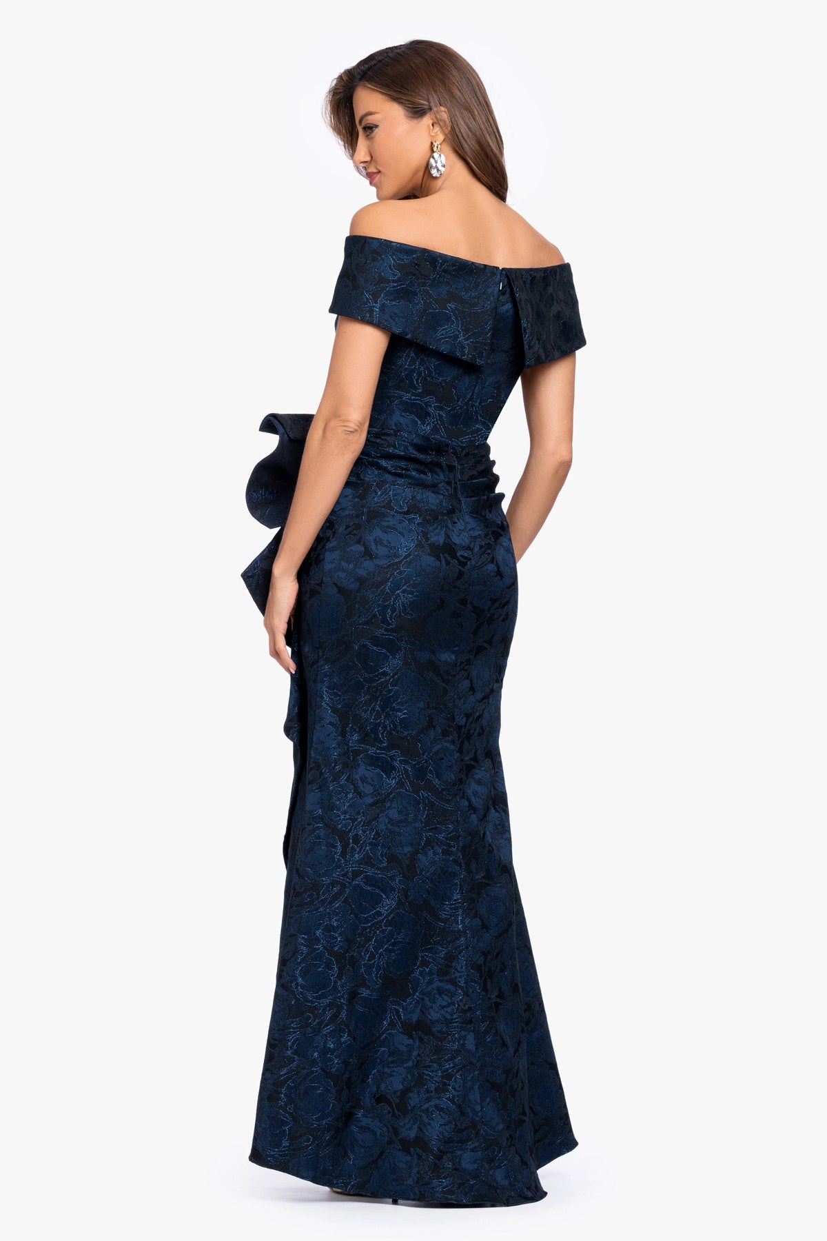 XSCAPE "Bonnie" Brocade Off The Shoulder Side Ruffle