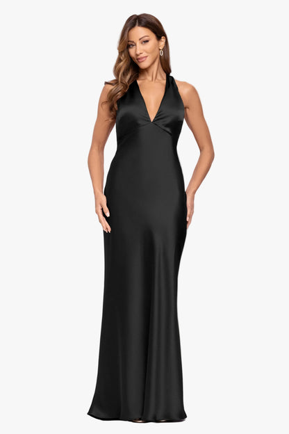 XSCAPE "Jade" Satin Tie Neck Ruched Dress