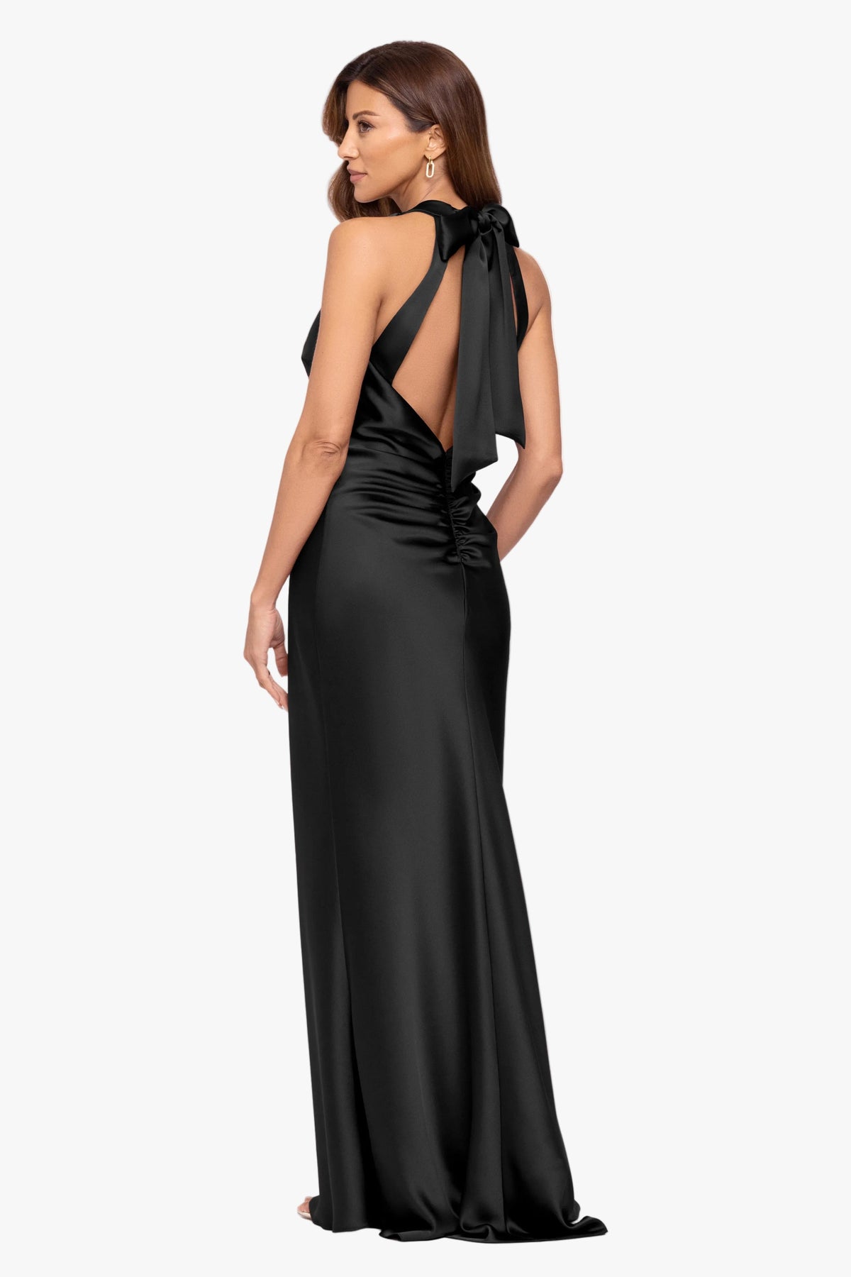 XSCAPE "Jade" Satin Tie Neck Ruched Dress