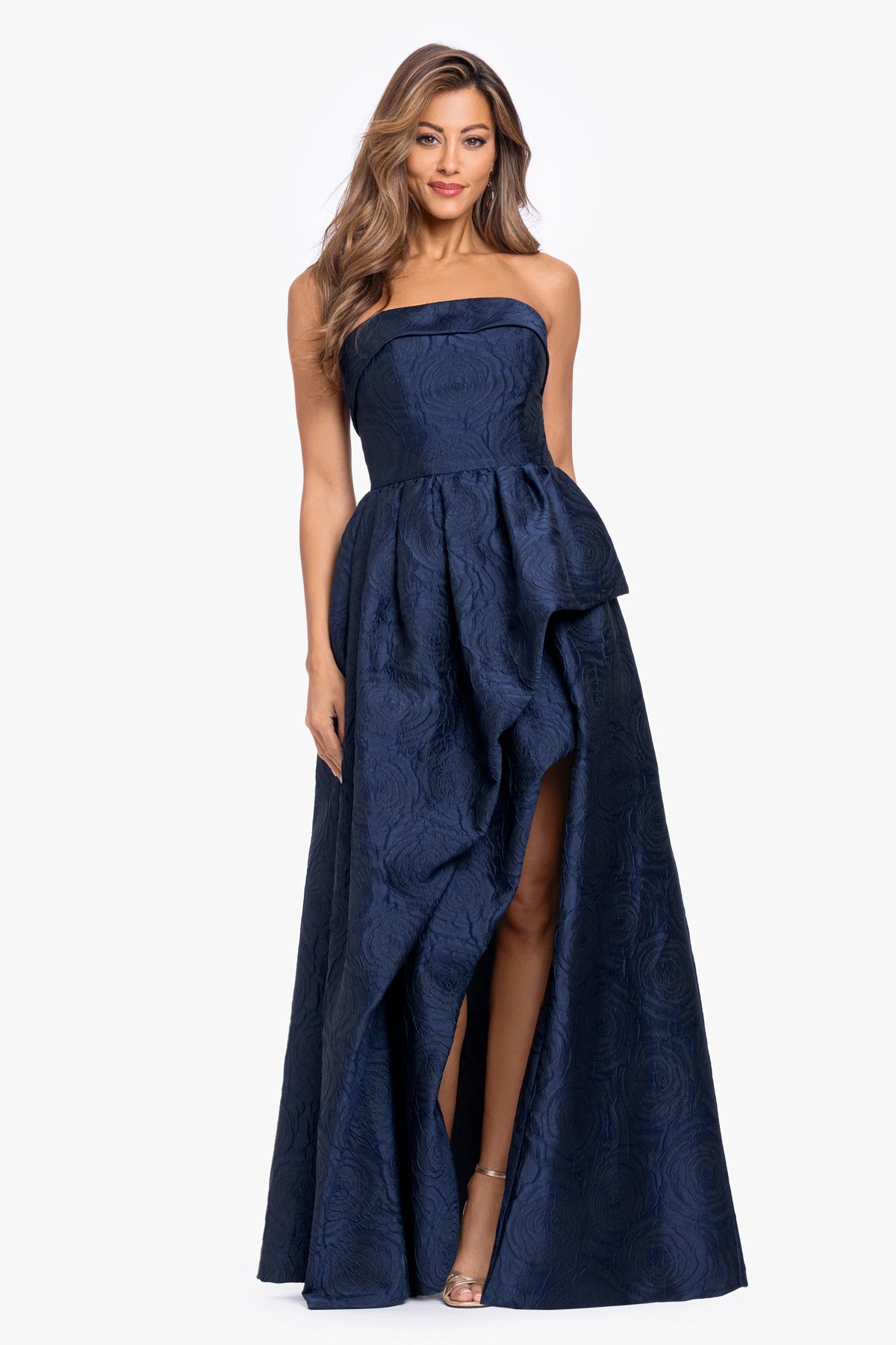 XSCAPE "Theo" Brocade Strapless Ruffle Dress