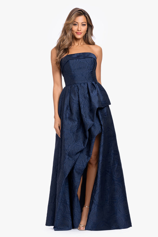 XSCAPE "Theo" Brocade Strapless Ruffle Dress