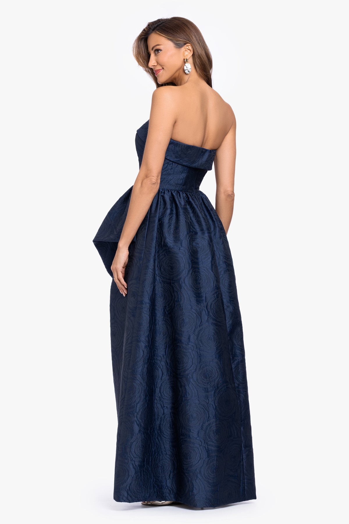 XSCAPE "Theo" Brocade Strapless Ruffle Dress