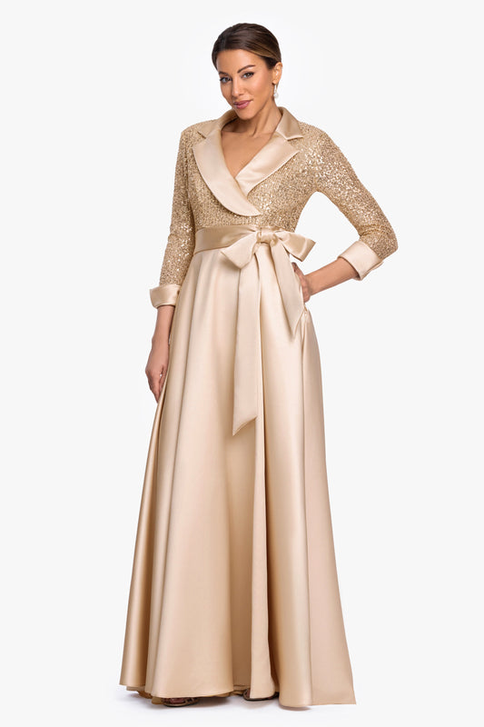 XSCAPE "Megan" Tuxedo Sequin & Lamour Satin Ballgown