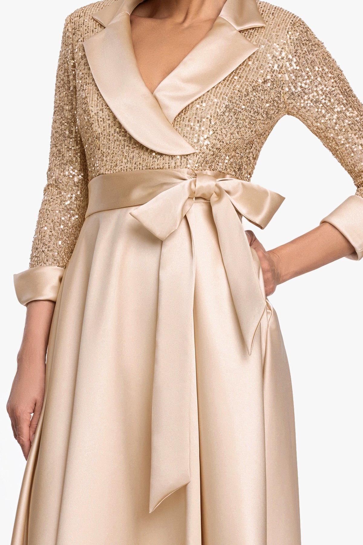 XSCAPE "Megan" Tuxedo Sequin & Lamour Satin Ballgown