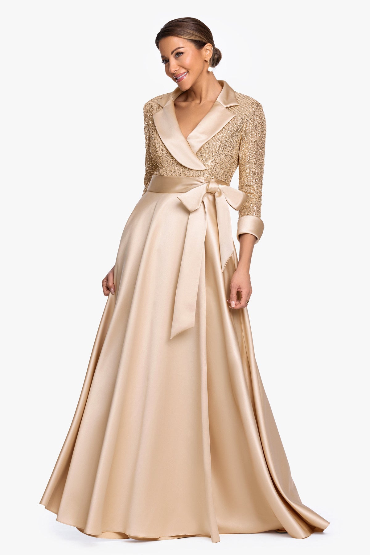 XSCAPE "Megan" Tuxedo Sequin & Lamour Satin Ballgown
