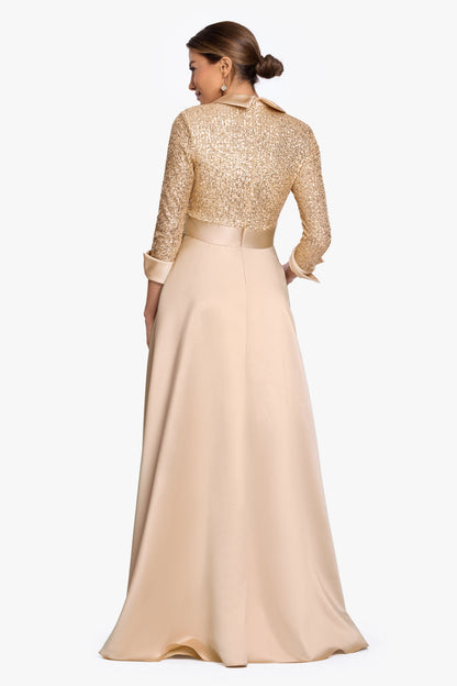 XSCAPE "Megan" Tuxedo Sequin & Lamour Satin Ballgown