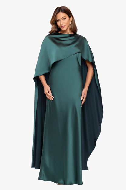 XSCAPE "Tallulah" Satin Overlay Cape Dress