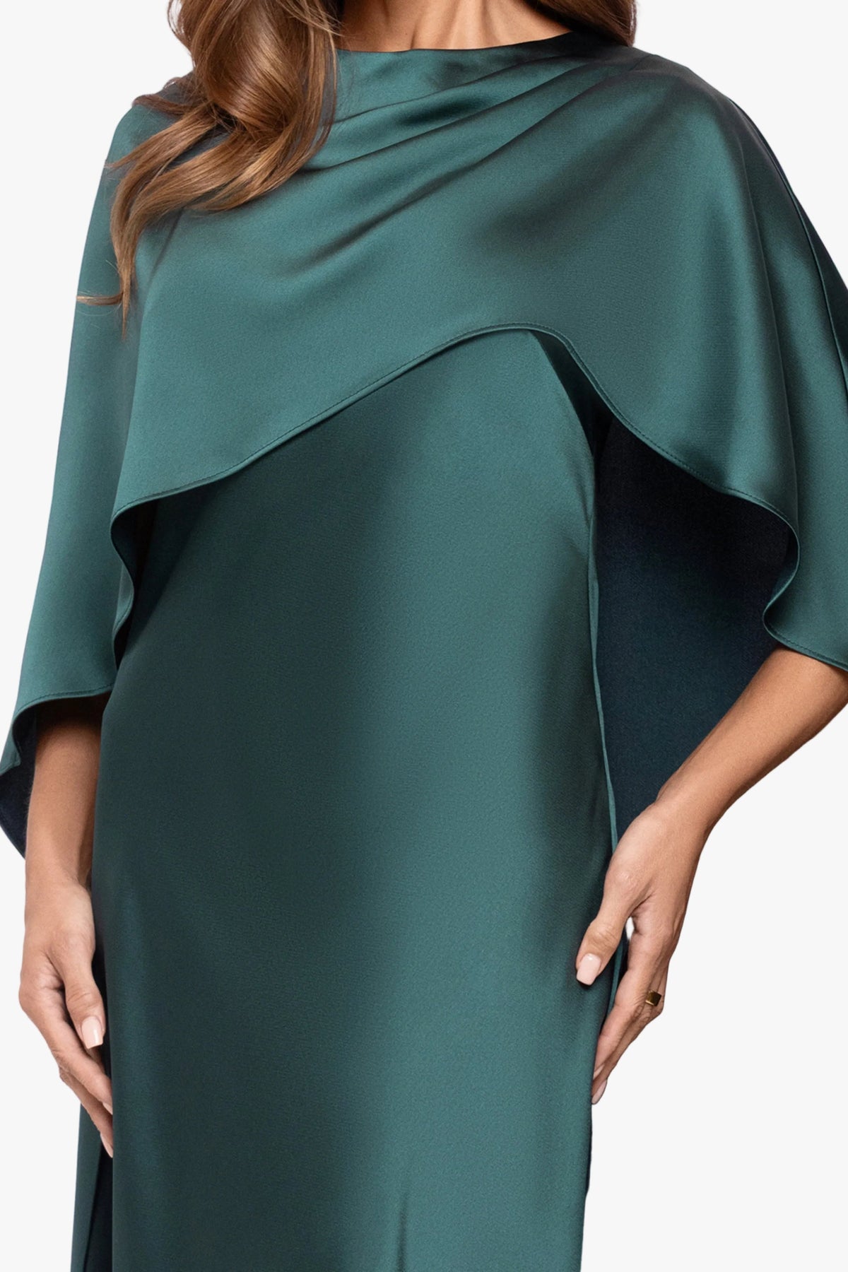 XSCAPE "Tallulah" Satin Overlay Cape Dress