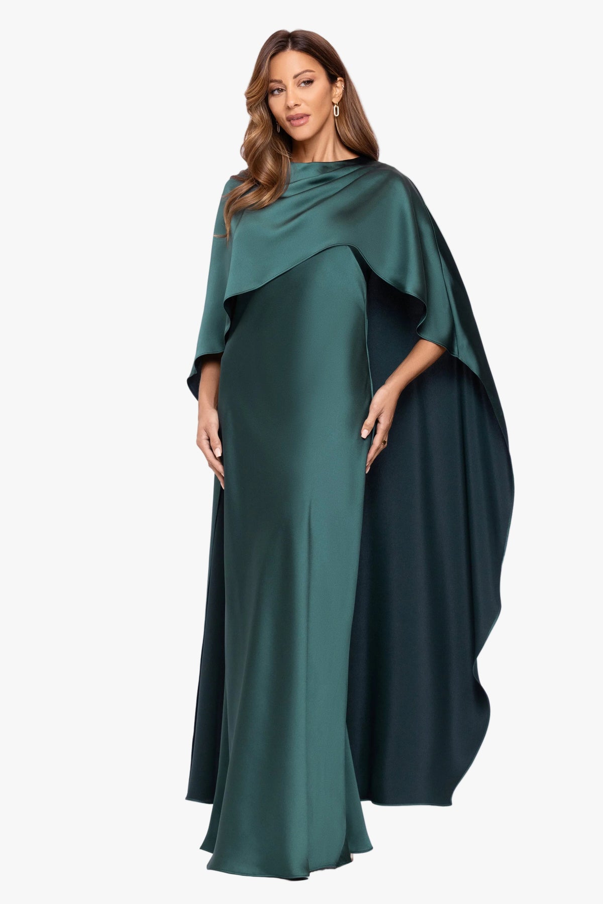 XSCAPE "Tallulah" Satin Overlay Cape Dress
