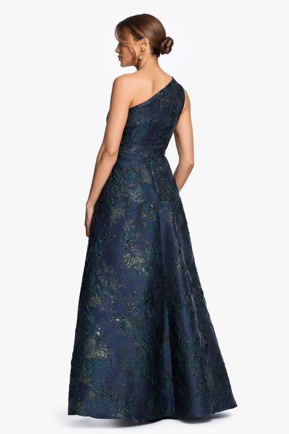 XSCAPE "Piper" Brocade One Shoulder Gown