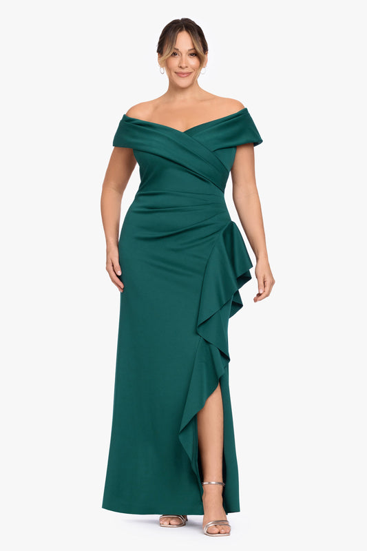 XSCAPE Plus "Pearl" Techno Scuba Off the Shoulder Ruffle Dress