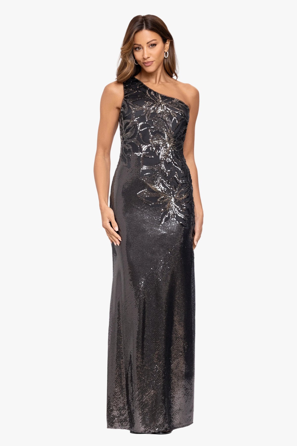 XSCAPE "Aubrey" Sequin One Shoulder Placement Dress