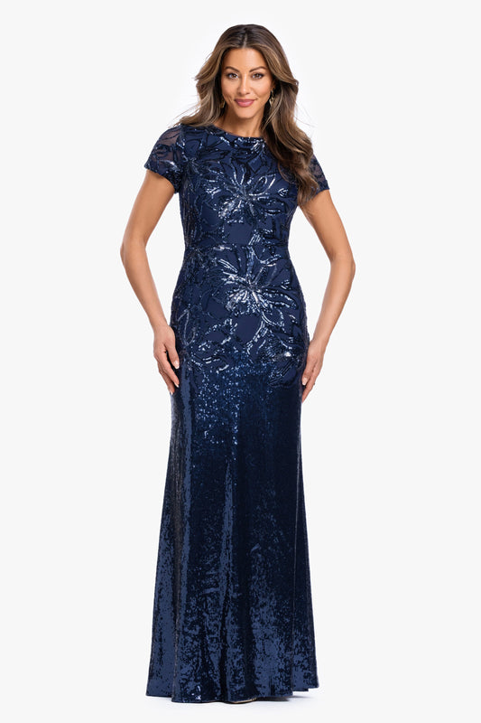 XSCAPE "Violet" Sequin Cap Sleeve Gown