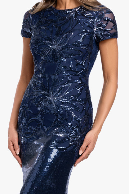 XSCAPE "Violet" Sequin Cap Sleeve Gown