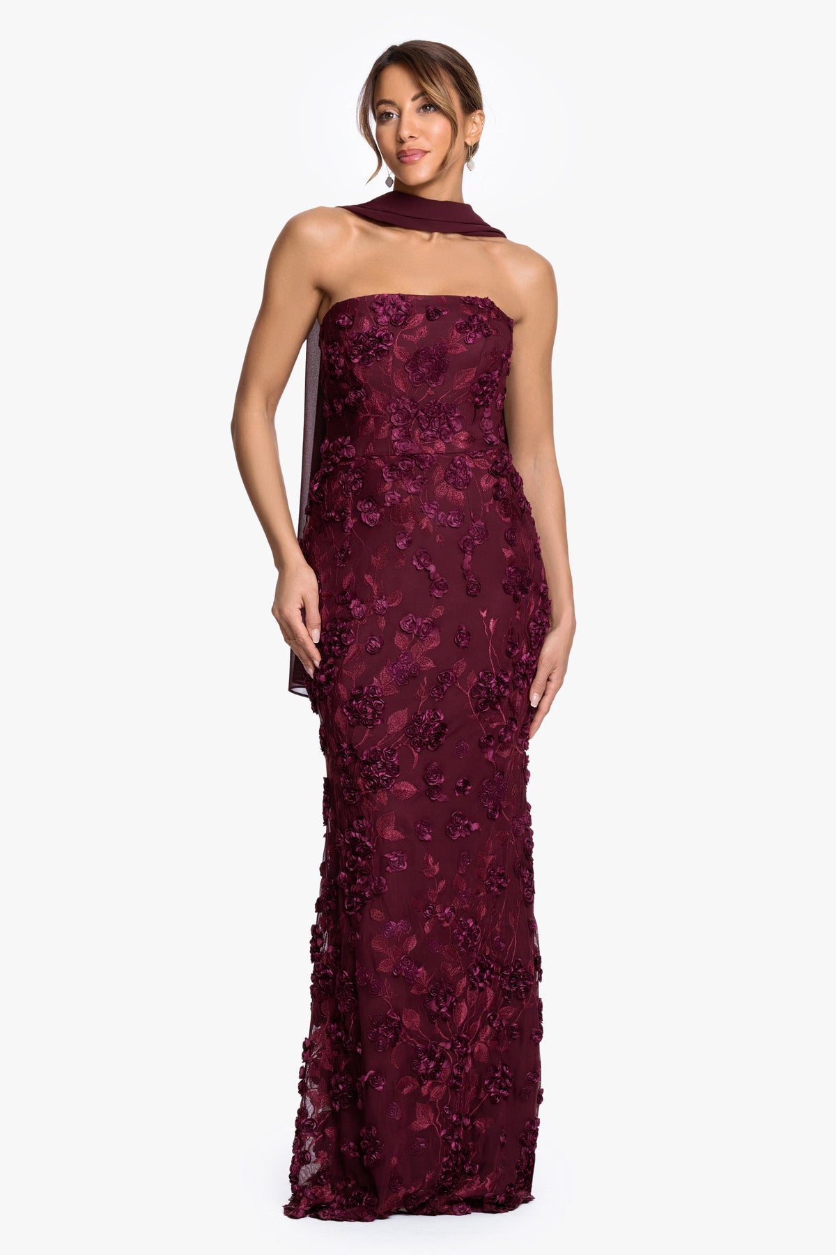 XSCAPE "" Soutache Mesh Strapless Dress With Chiffon Scarf