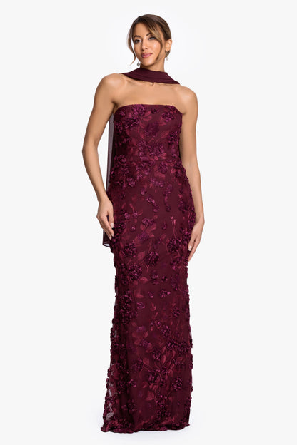 XSCAPE "" Soutache Mesh Strapless Dress With Chiffon Scarf