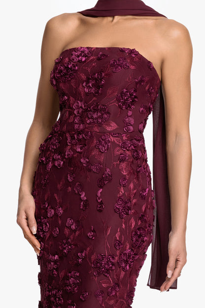 XSCAPE "" Soutache Mesh Strapless Dress With Chiffon Scarf