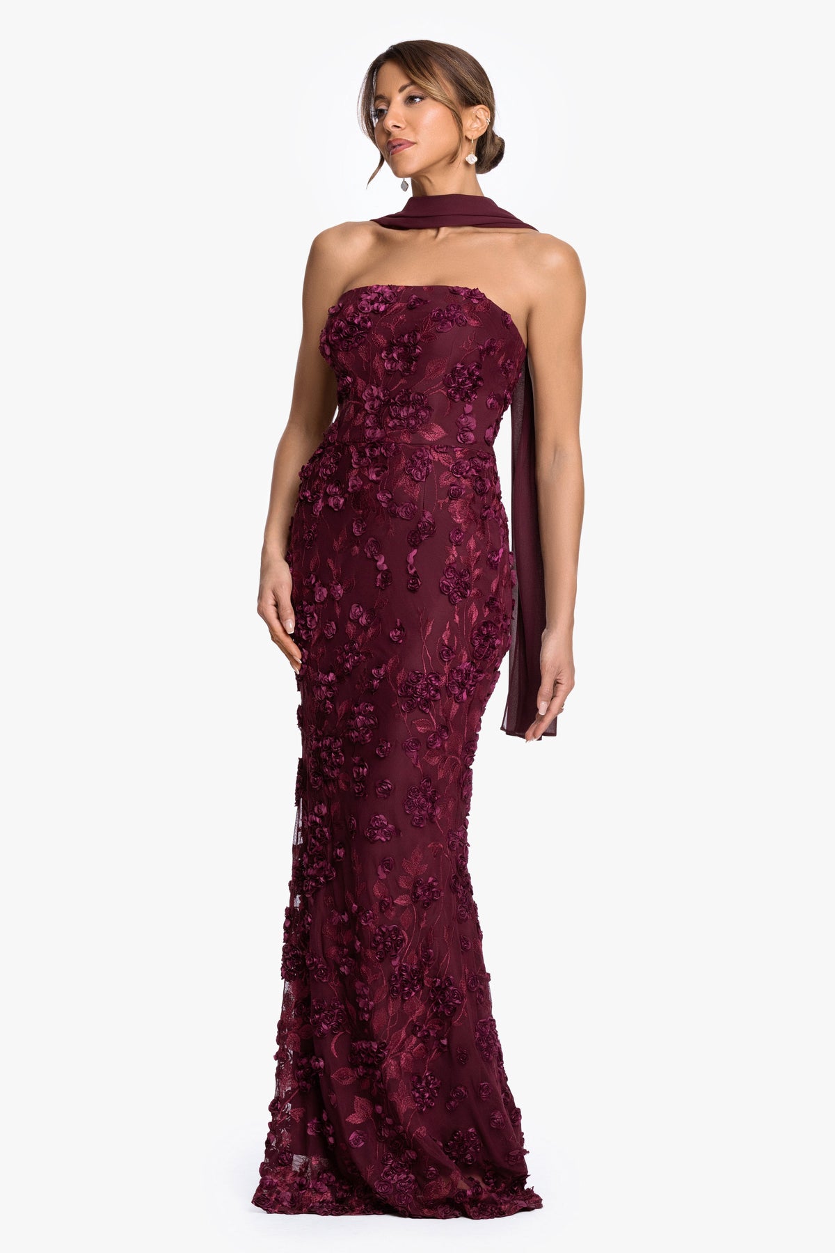 XSCAPE "" Soutache Mesh Strapless Dress With Chiffon Scarf